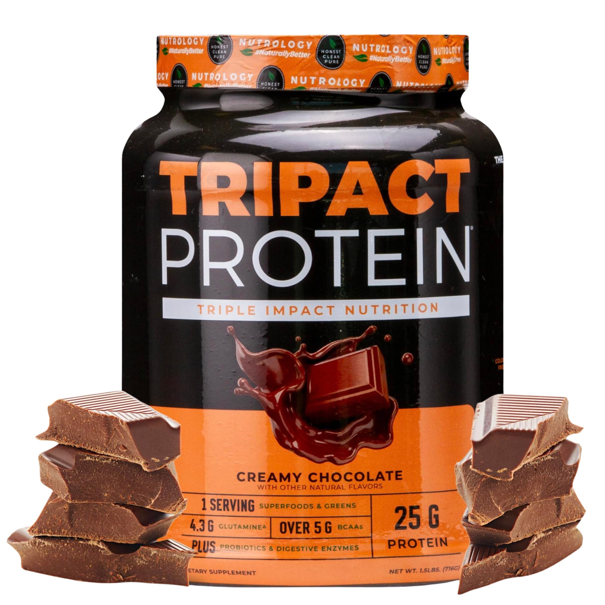 Nutrology TRIPACT protein bottle front shows creamy chocolate flavor and protein promise.