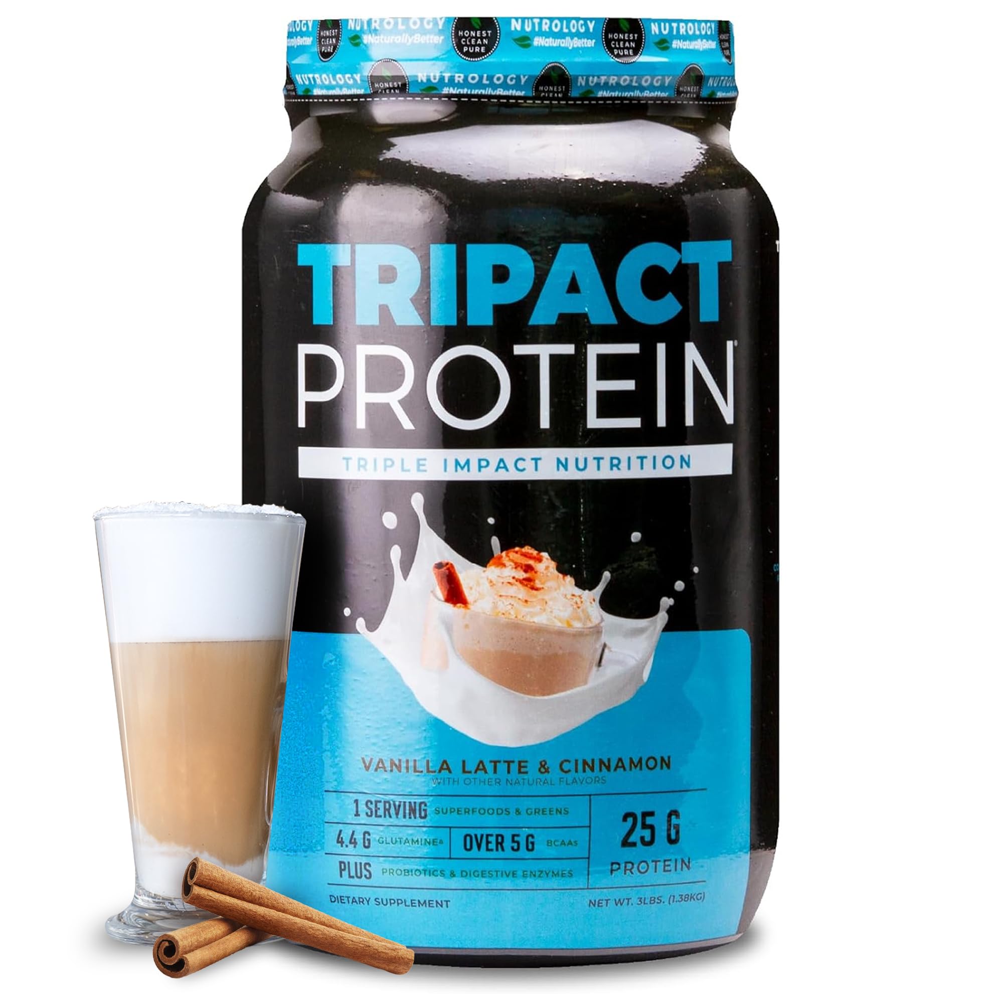 Nutrology Tripact protein powder tub front view highlighting premium must-have protein blend
