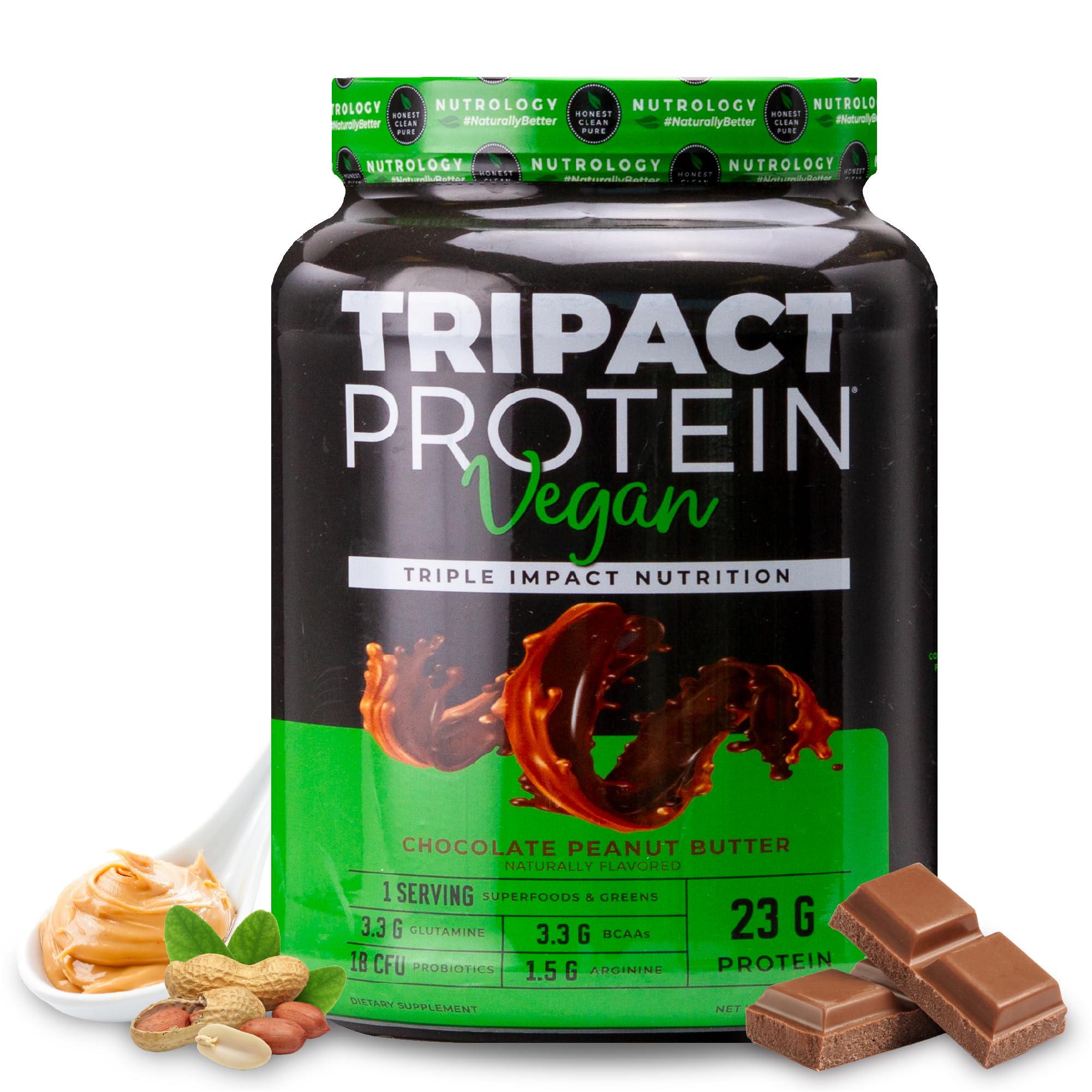 Nutrology TRIPACT protein powder tub front view highlighting triple plant protein for muscle support.