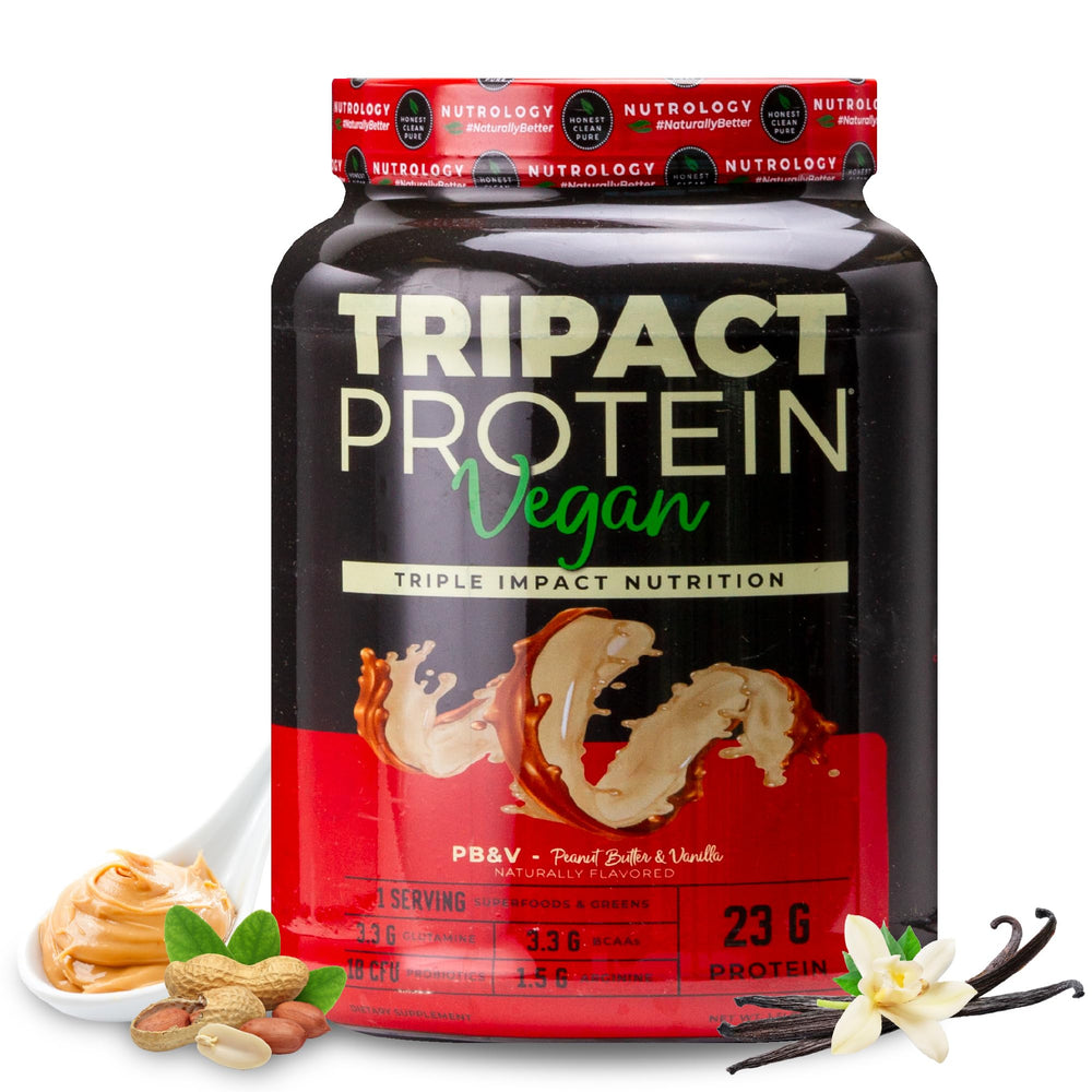 Nutrology TRIPACT protein powder tub with label showing 23g protein per serving