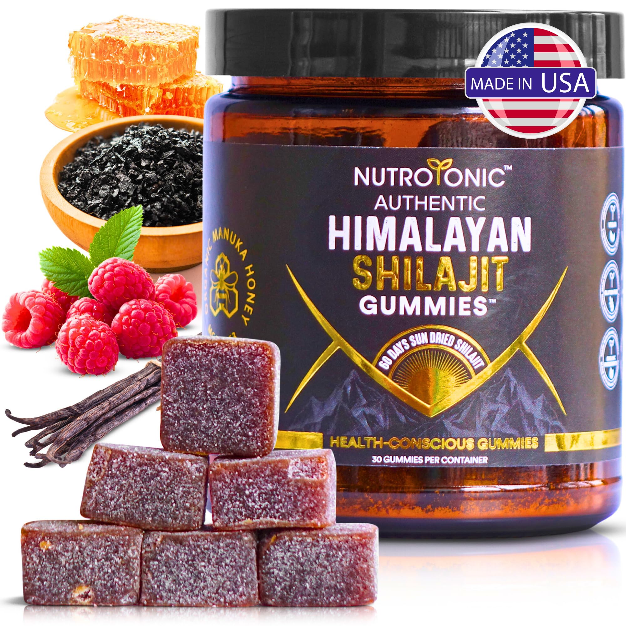 Front view of NutroTonic Shilajit Gummies Raspberry Vanilla flavor
