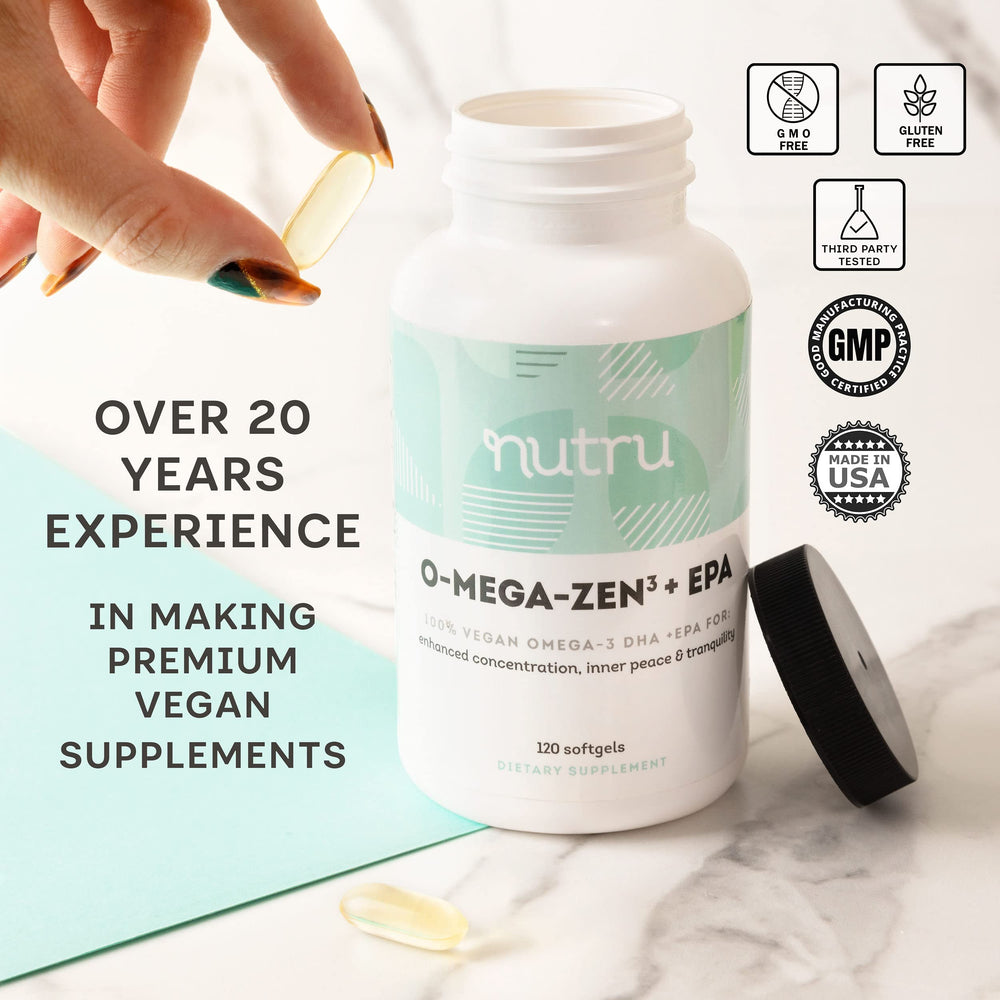 Packaging and bottle of NuTru O-Mega-Zen3 +EPA vegan omega-3