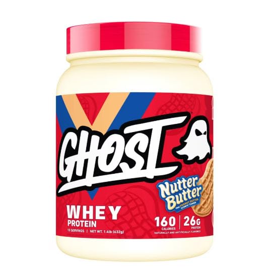 Nutter Butter Ghost Whey Protein tub closeup highlighting real cookie pieces for tasty post-workout protein.