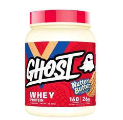 Nutter Butter Ghost Whey Protein tub closeup highlighting real cookie pieces for tasty post-workout protein.