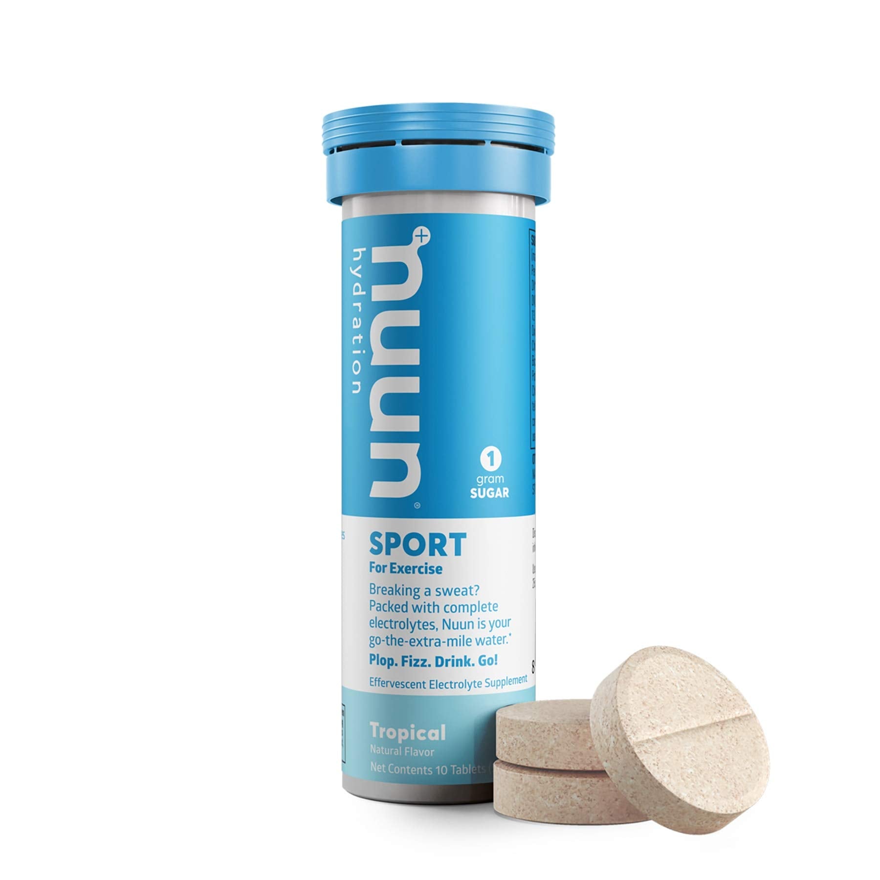 Close-up of Nuun Active Tropical Fruit tabs dissolving in water