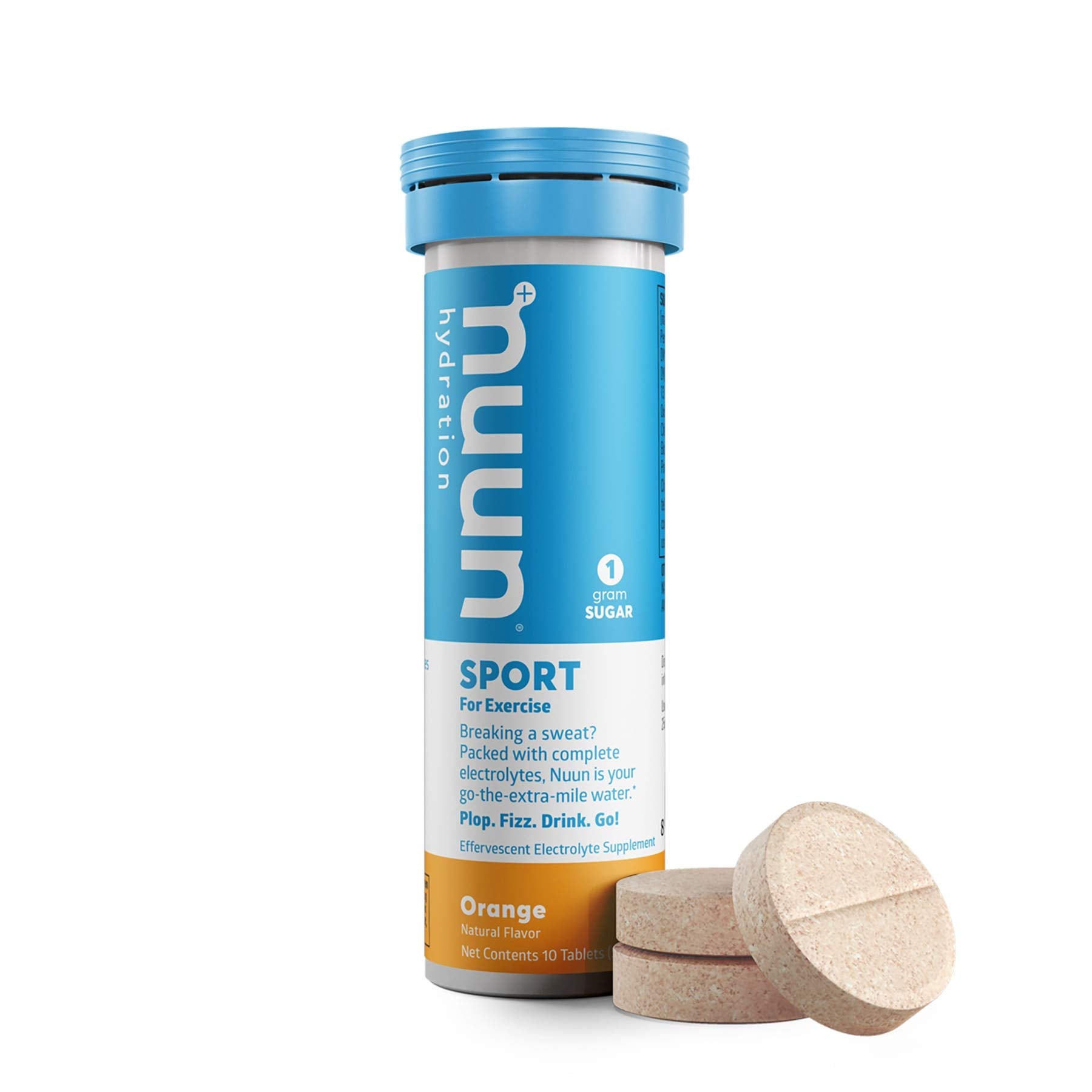 Nuun Bev Tube Orange tablet dissolving in water for electrolyte hydration.