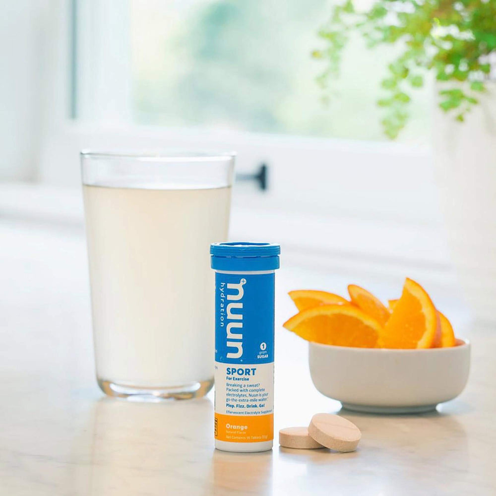 Nuun Bev Tube Orange on-the-go hydration for workouts and travel.