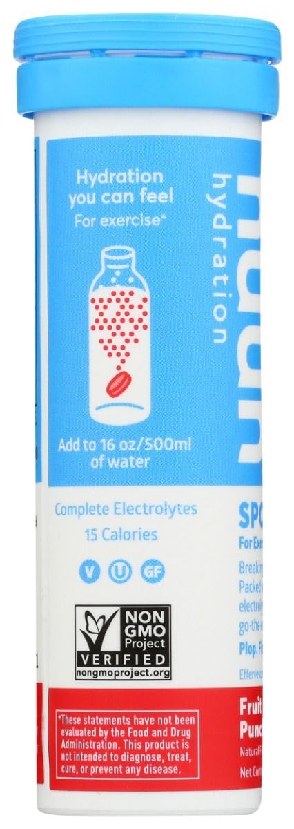Nuun Hydration Active Fruit Punch dissolving tablet demonstrates fizz and flavor release