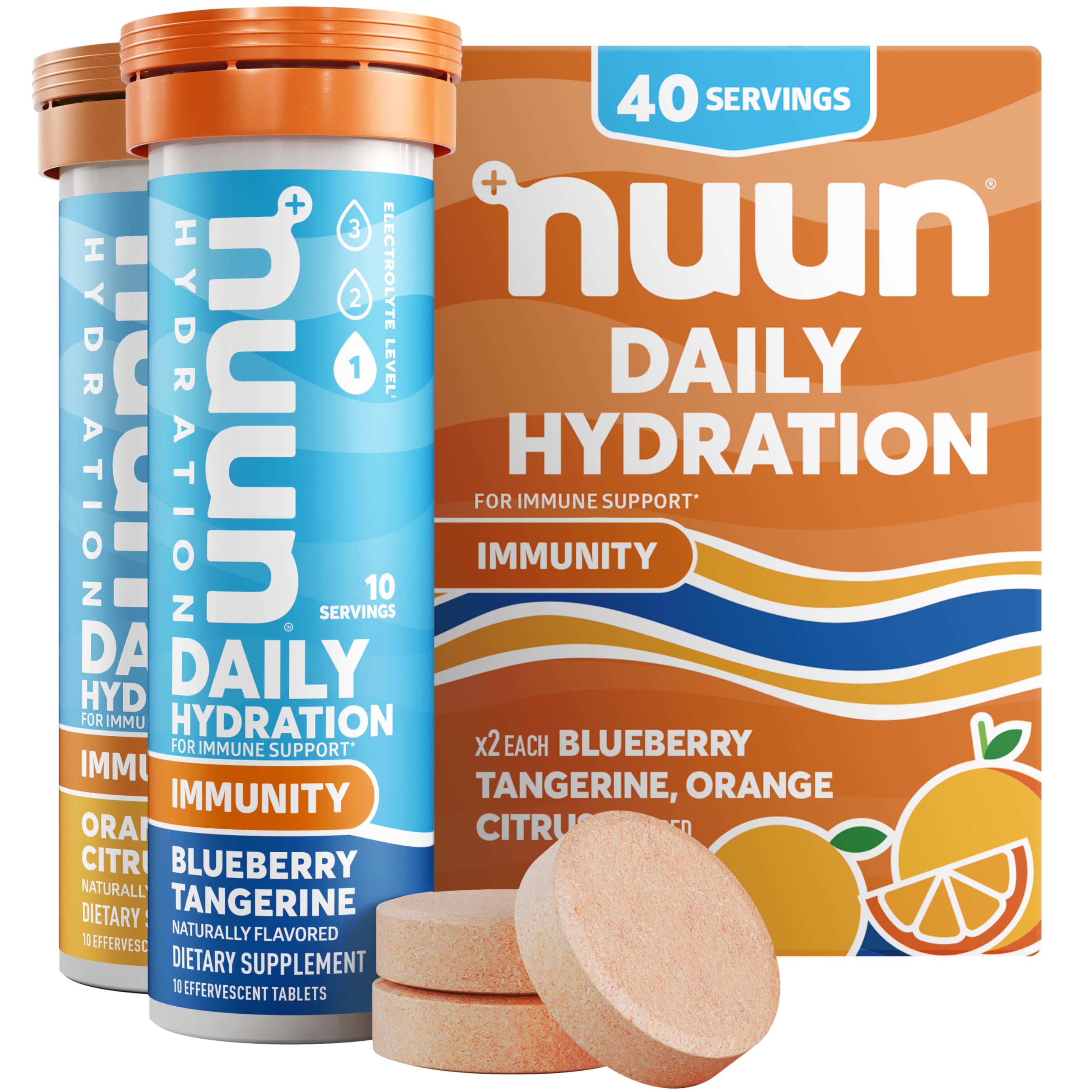 Front packaging shot of Nuun Immunity 4-pack in Blueberry Tangerine and Orange Citrus flavors