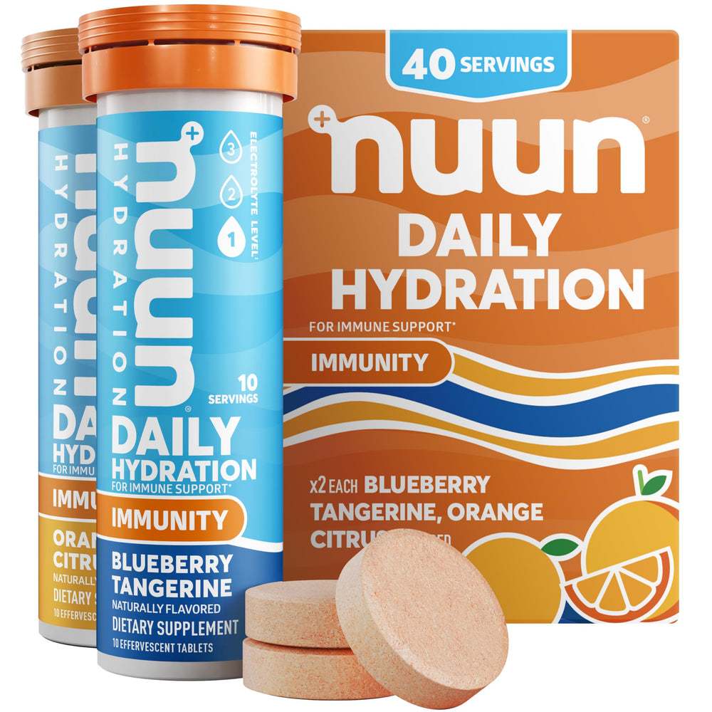 Front packaging shot of Nuun Immunity 4-pack in Blueberry Tangerine and Orange Citrus flavors