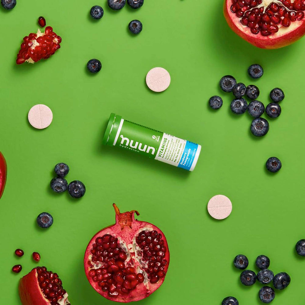 Nuun Vitamins Blueberry Pomegranate glass with ready-to-drink hydration.