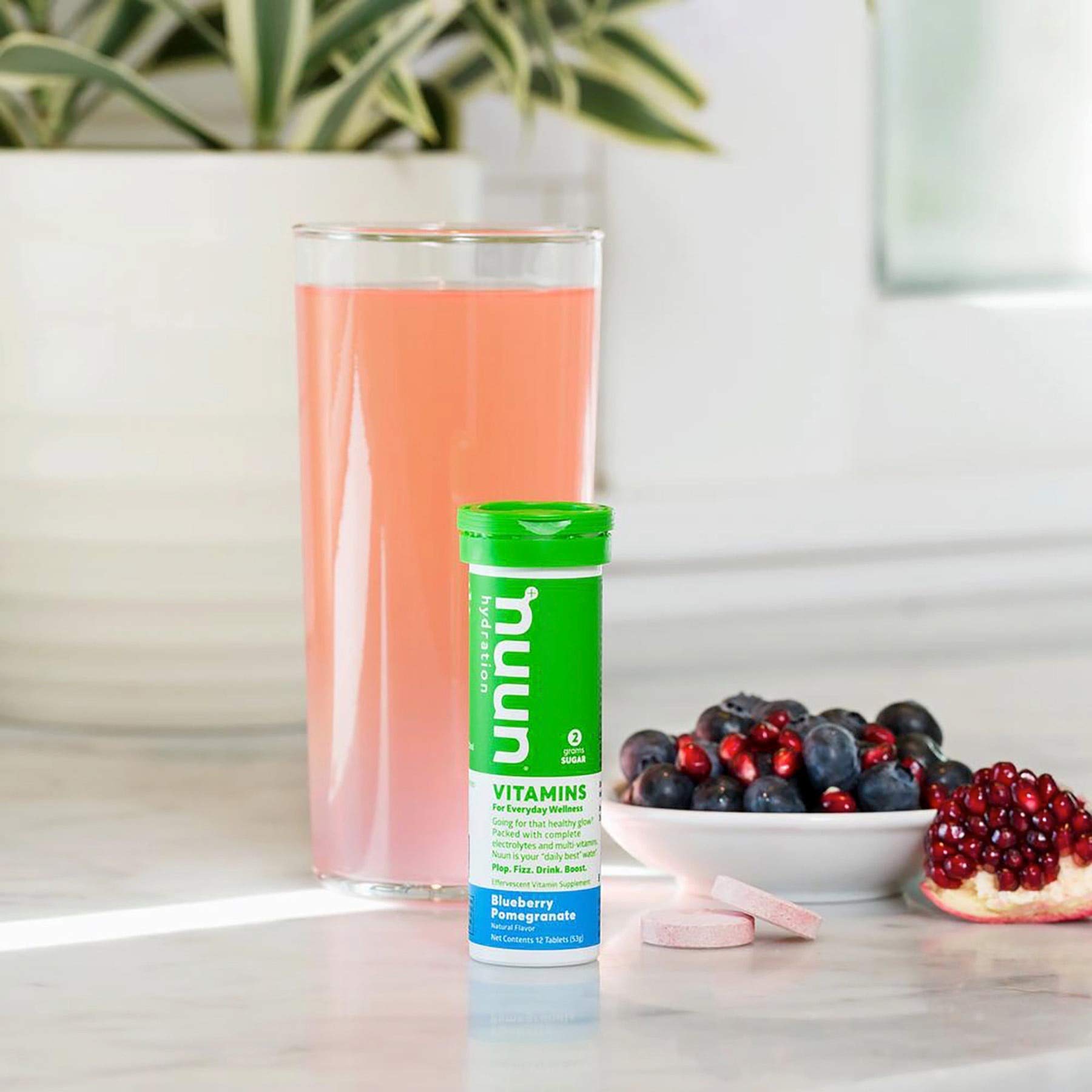 Nuun Vitamins Blueberry Pomegranate ingredients label highlights vitamins for daily use.