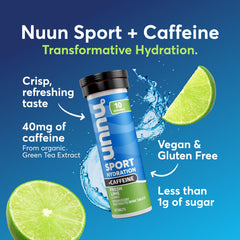 Close-up of Nuun Sport + Caffeine Fresh Lime tubes for on-the-go hydration