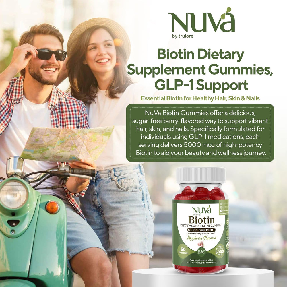 Close-up of NuVa Biotin Gummies Raspberry bottle and label