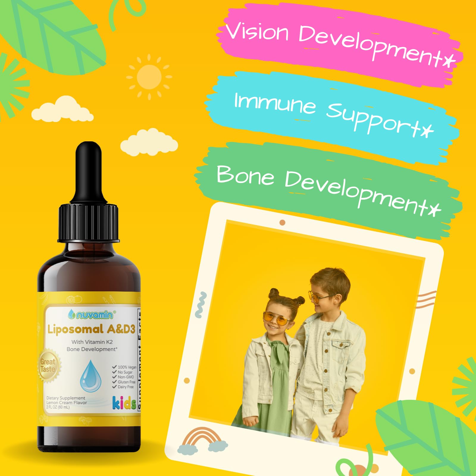 Dropper dispensing Nuvamin lemon vitamin A D3 K2 drops