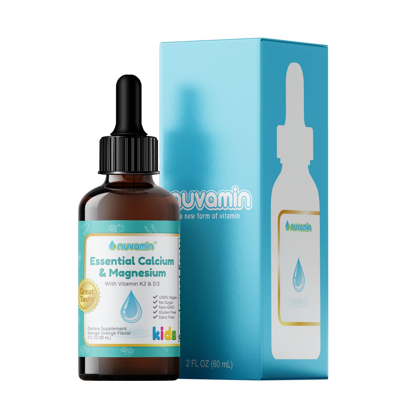 Nuvamin liquid calcium & magnesium drops bottle front label with mango-orange flavor