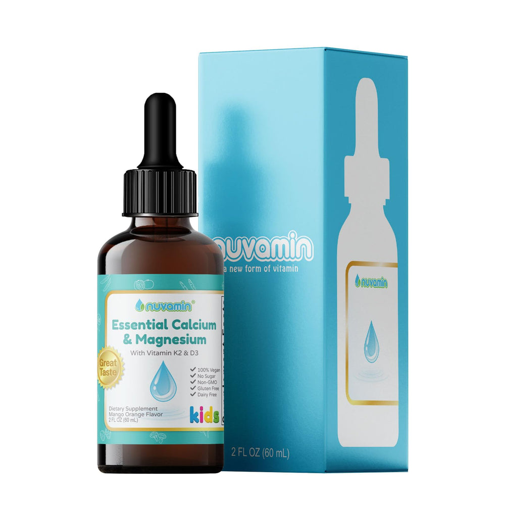 Nuvamin liquid calcium & magnesium drops bottle front label with mango-orange flavor