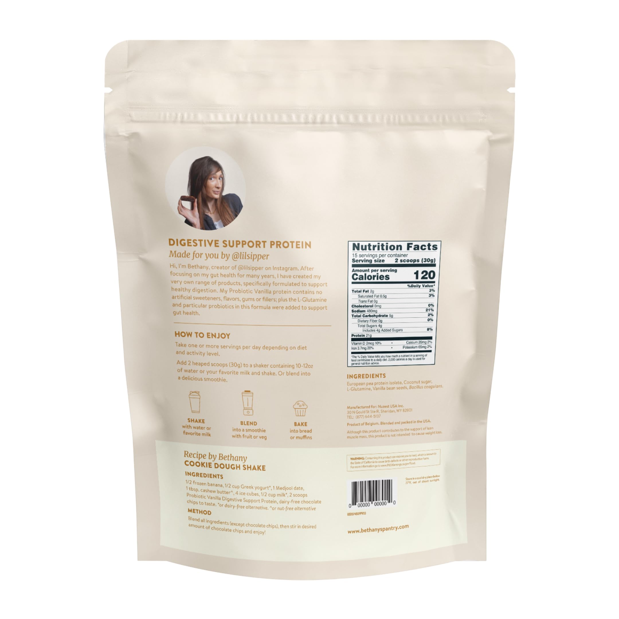 Nuzest Bethany's Pantry Digestive Protein scoop ready for quick mix