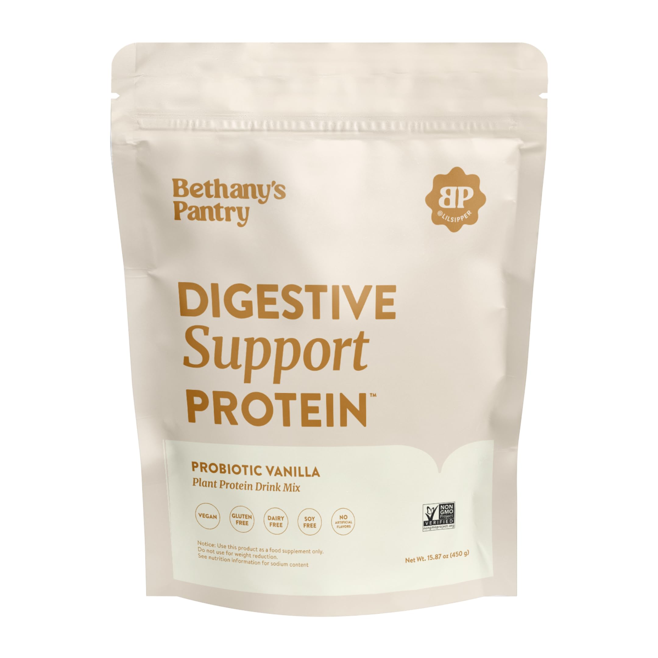 Nuzest Bethany's Pantry Digestive Protein tub front promoting premium pea protein