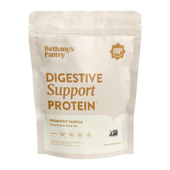 Nuzest Bethany's Pantry Digestive Protein tub front promoting premium pea protein