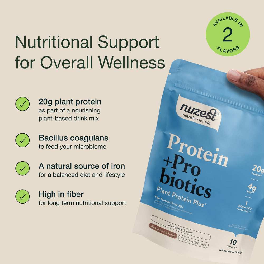 Lifestyle shot featuring prepared smoothie with Nuzest protein powder