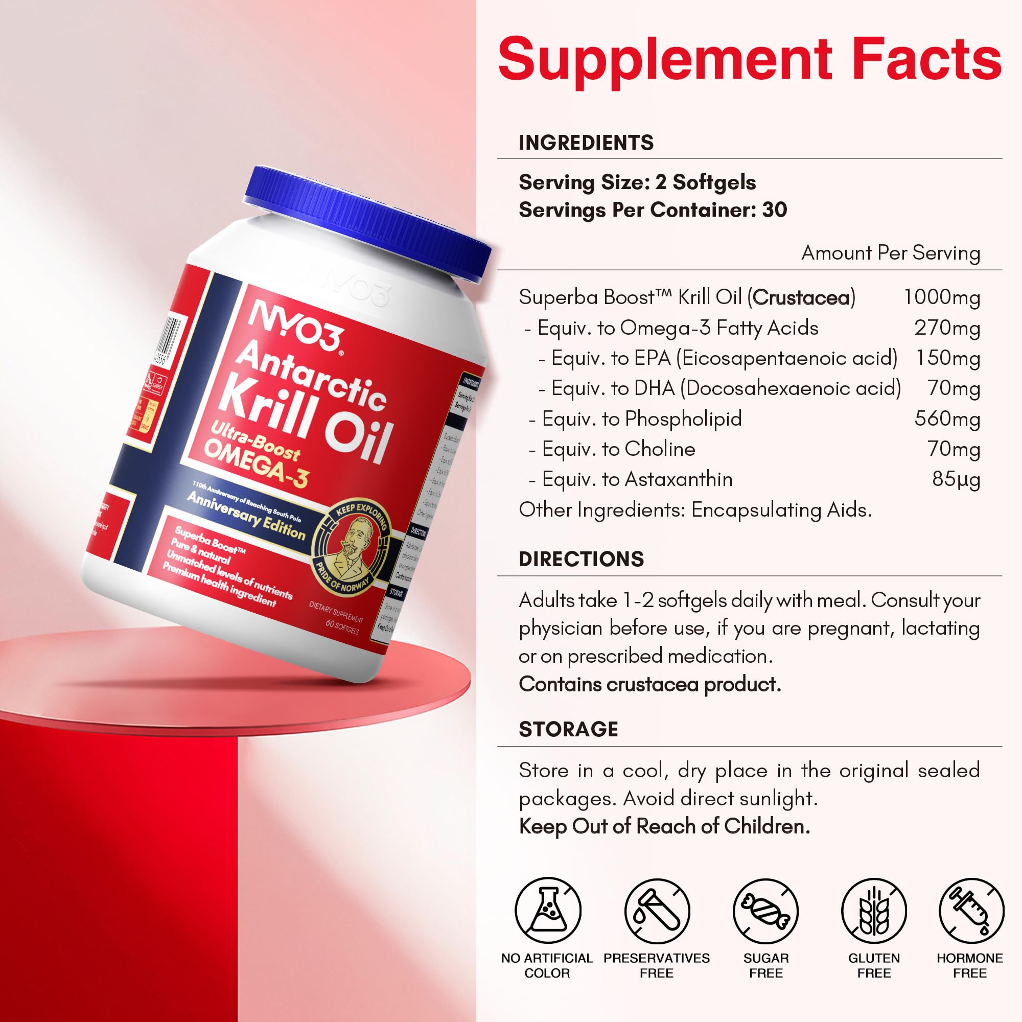 Back of NYO3 Krill Oil bottle with supplement facts