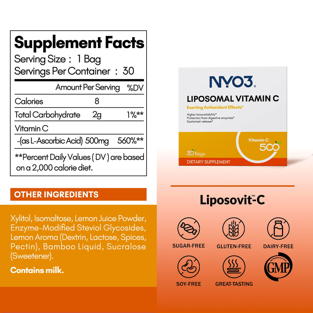 Label of NYO3 Liposomal Vitamin C Powder showing ingredients