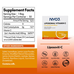 Label of NYO3 Liposomal Vitamin C Powder showing ingredients