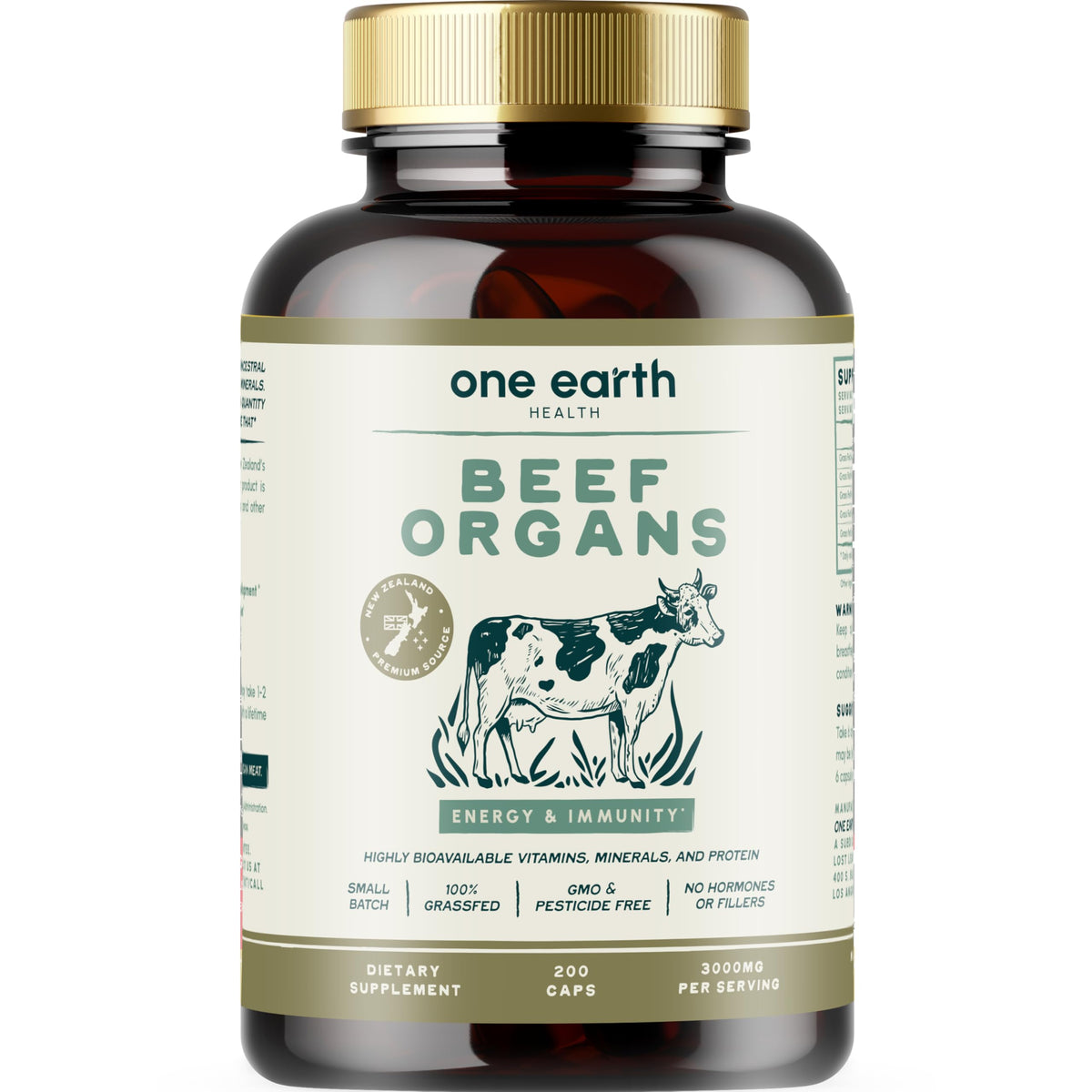 One Earth Health New Zealand Grass-Fed Beef Organs bottle – 200 count