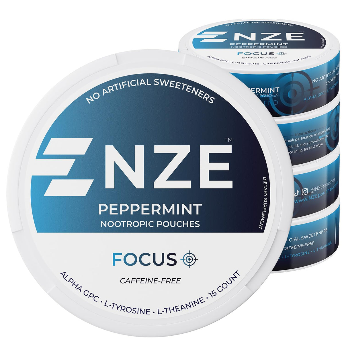 NZE Peppermint Caffeine-Free Nootropic Pouches - front can