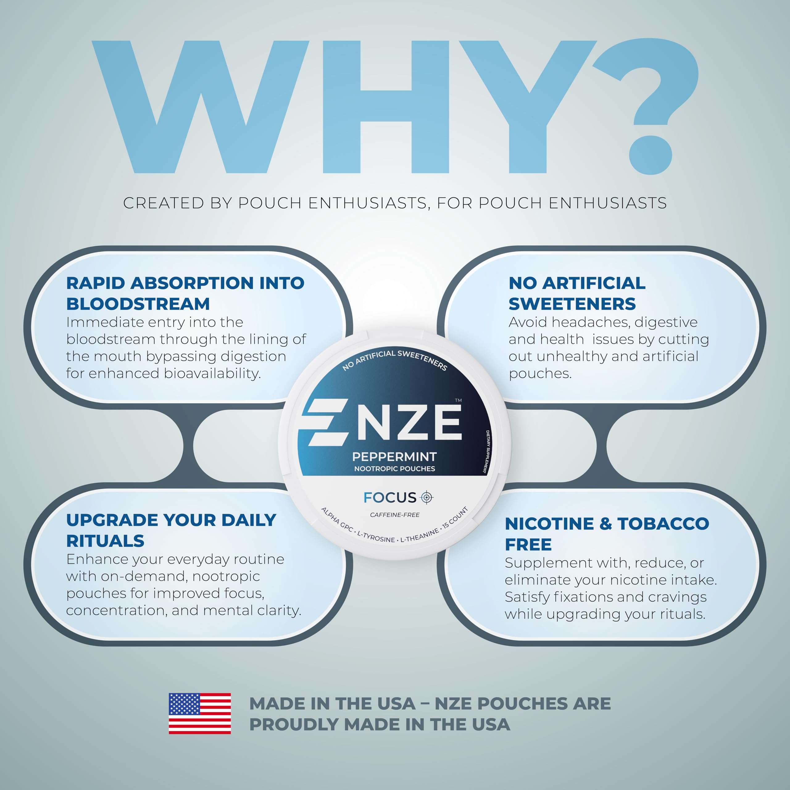 USA-made manufacturing label on NZE peppermint pouch