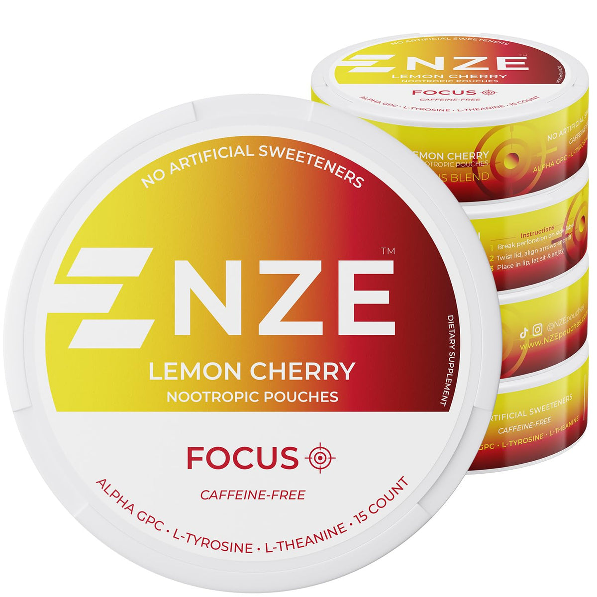 Front view of NZE Caffeine Free Nootropic Pouches Lemon Cherry can