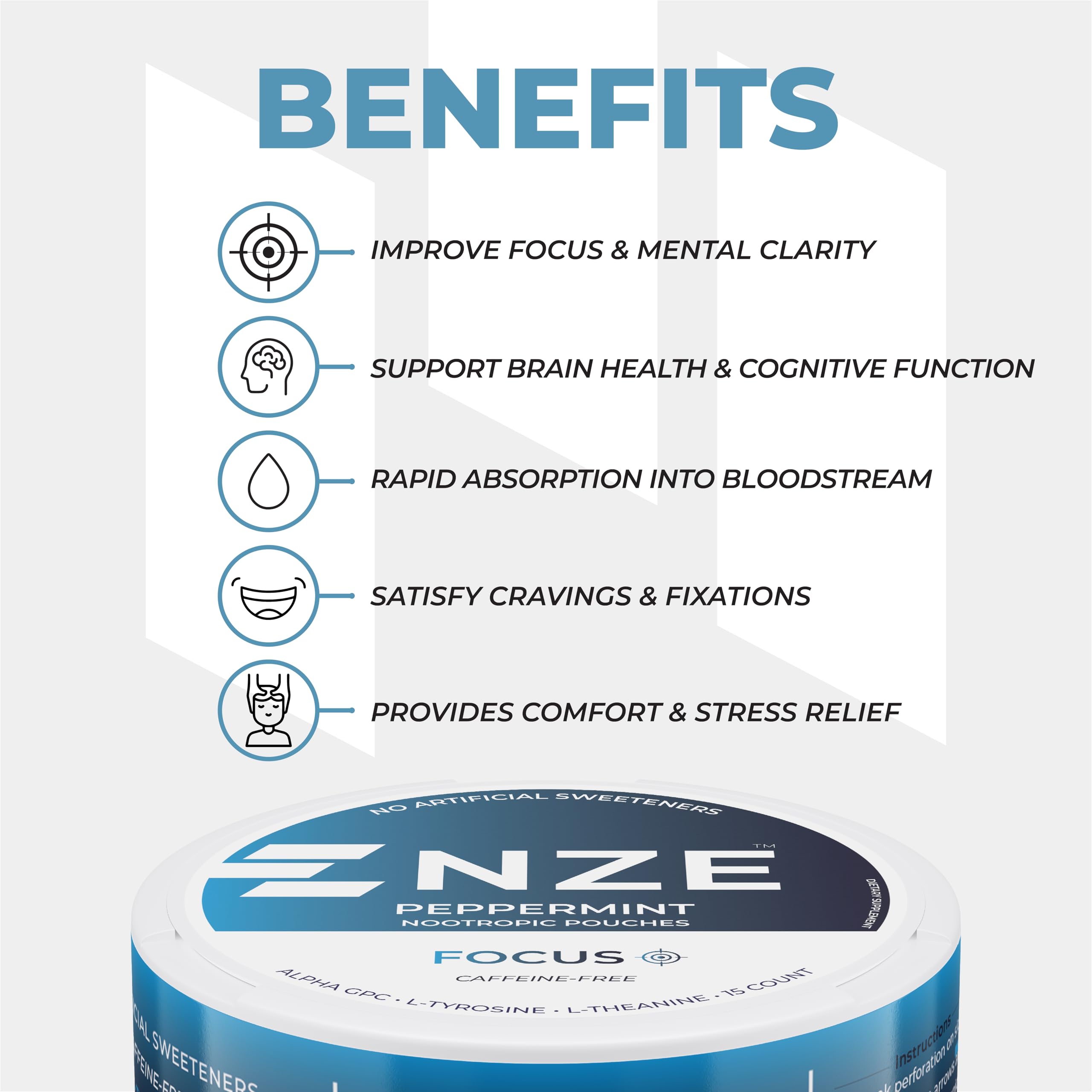 NZE Peppermint nootropic pouches showing 50mg L-Theanine and Alpha GPC.