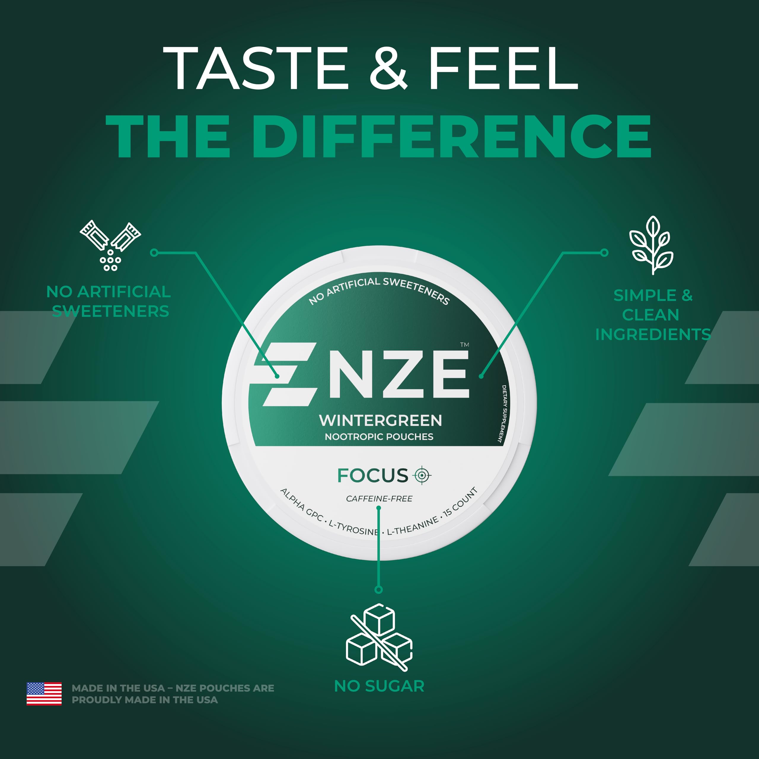 NZE pouch close-up shows L-Theanine and Alpha GPC ingredients.