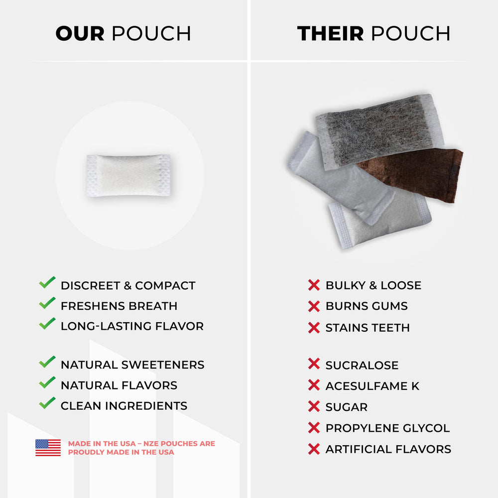 NZE pouch close-up highlights sublingual delivery and texture.
