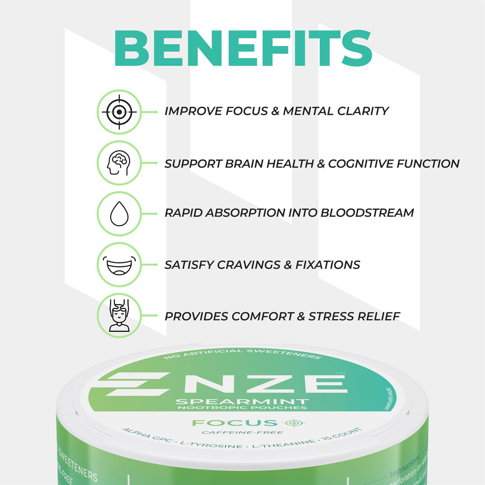 NZE Spearmint pouch packaging highlighting no sugar or artificial sweeteners