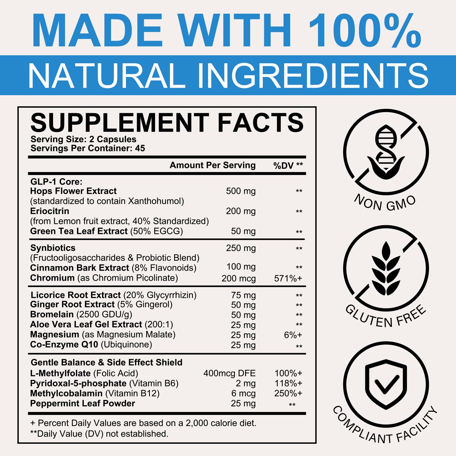 Vegan GLP-1 supplement packaging showing 90 capsules