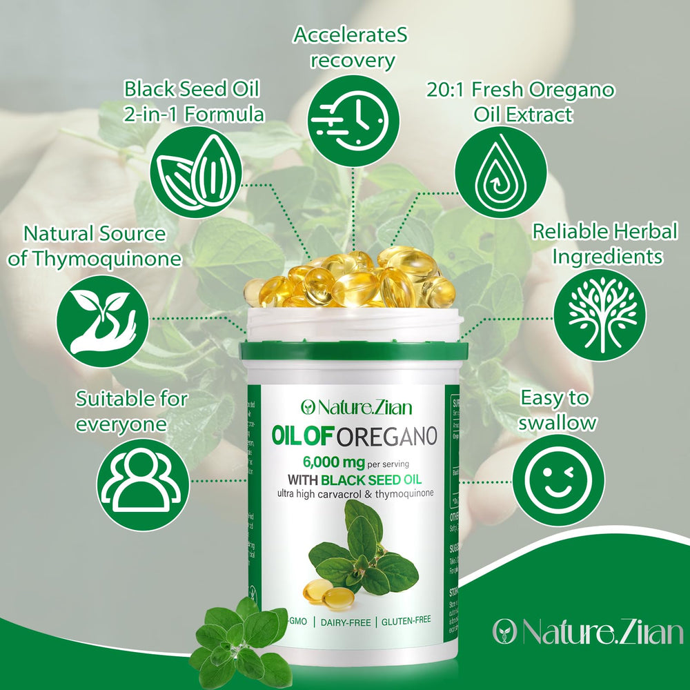 Close-up of oregano oil and black seed ingredients