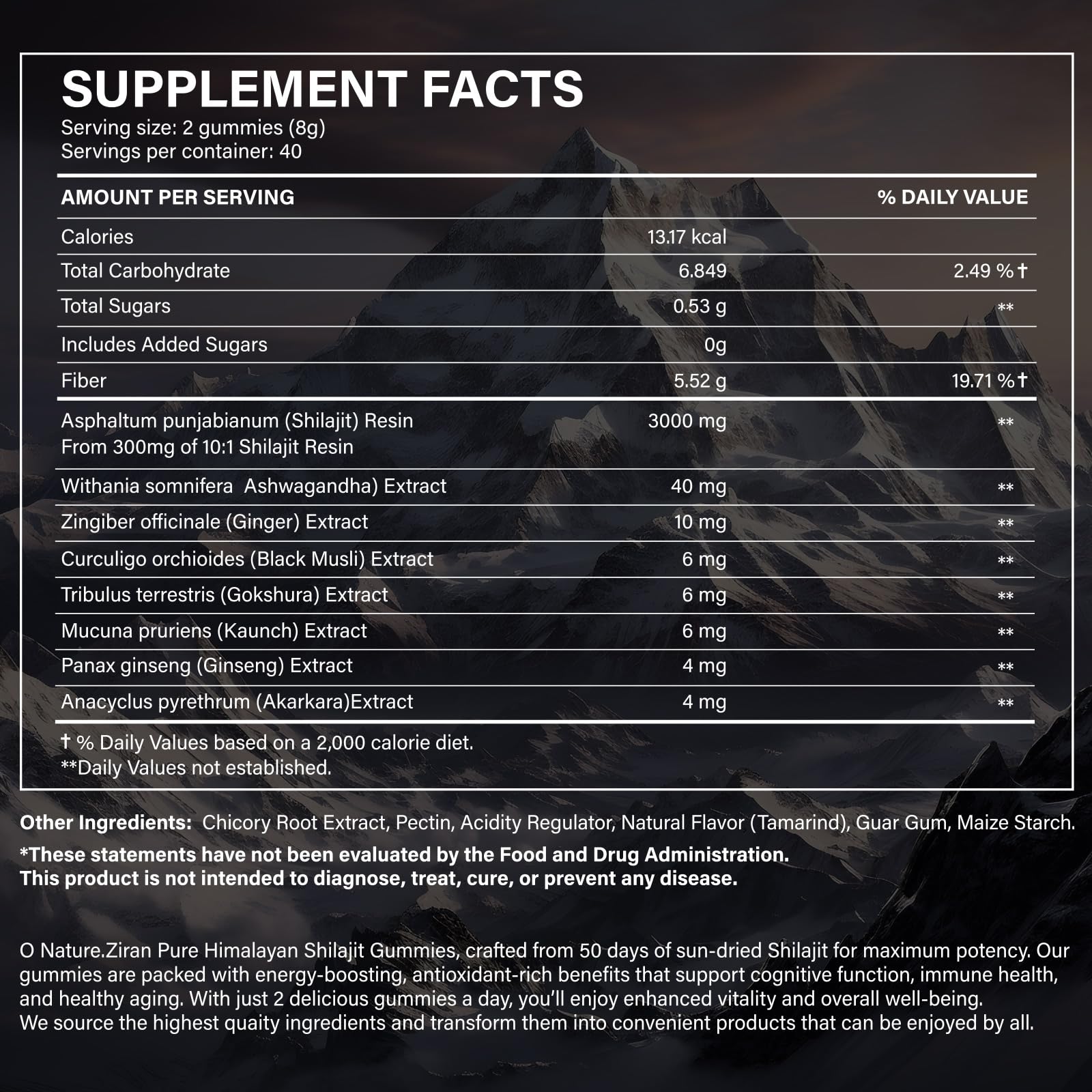 O NATURE . ZIRAN Shilajit Gummies bottle close-up with premium ingredients.