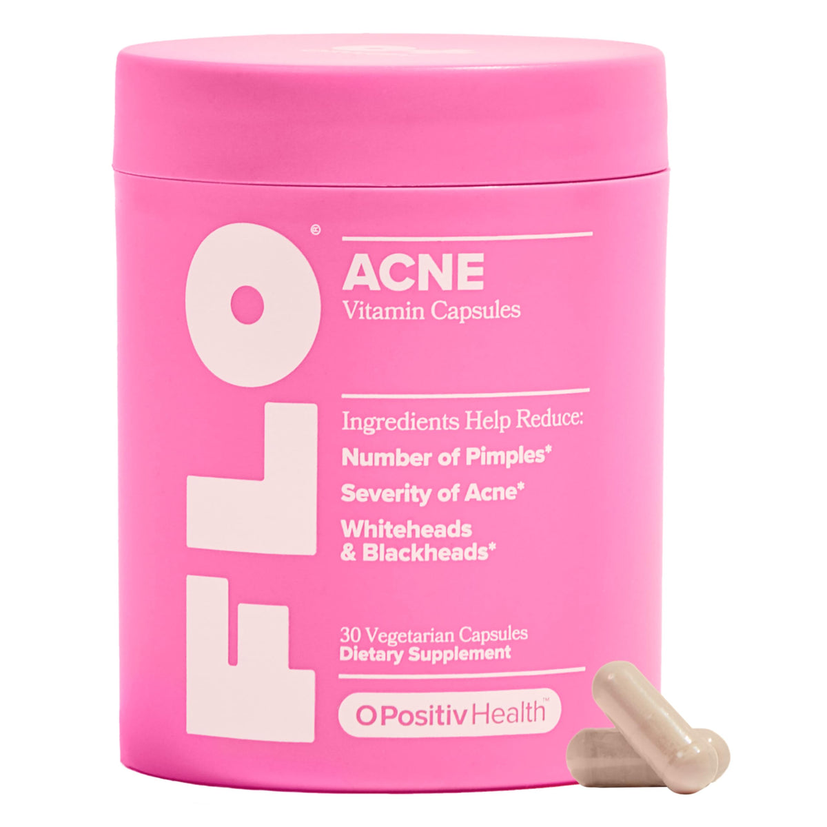 O Positiv FLO Acne Capsules bottle on white background