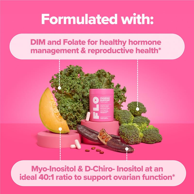 O Positiv FLO Ovarian bottle open with capsules poured out, demonstrating daily dose convenience