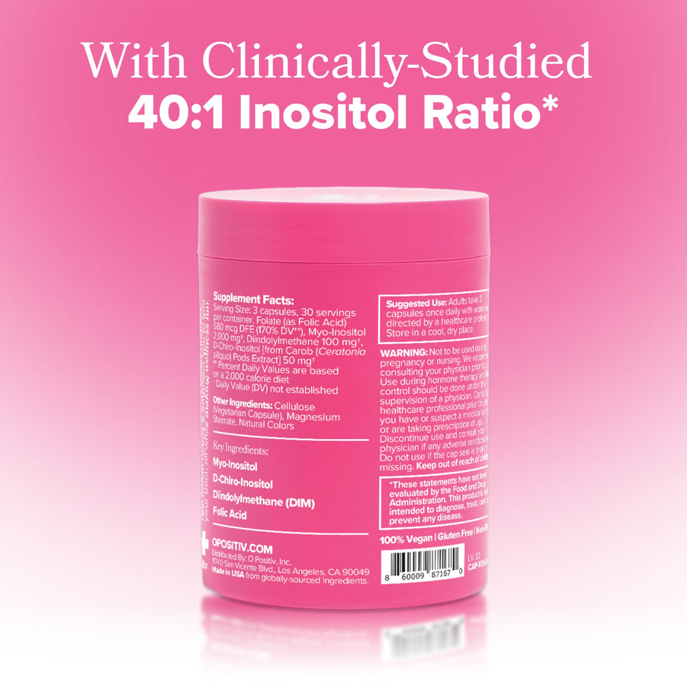 O Positiv FLO Ovarian next to measuring tape illustrating 90‑day supply and consistent use