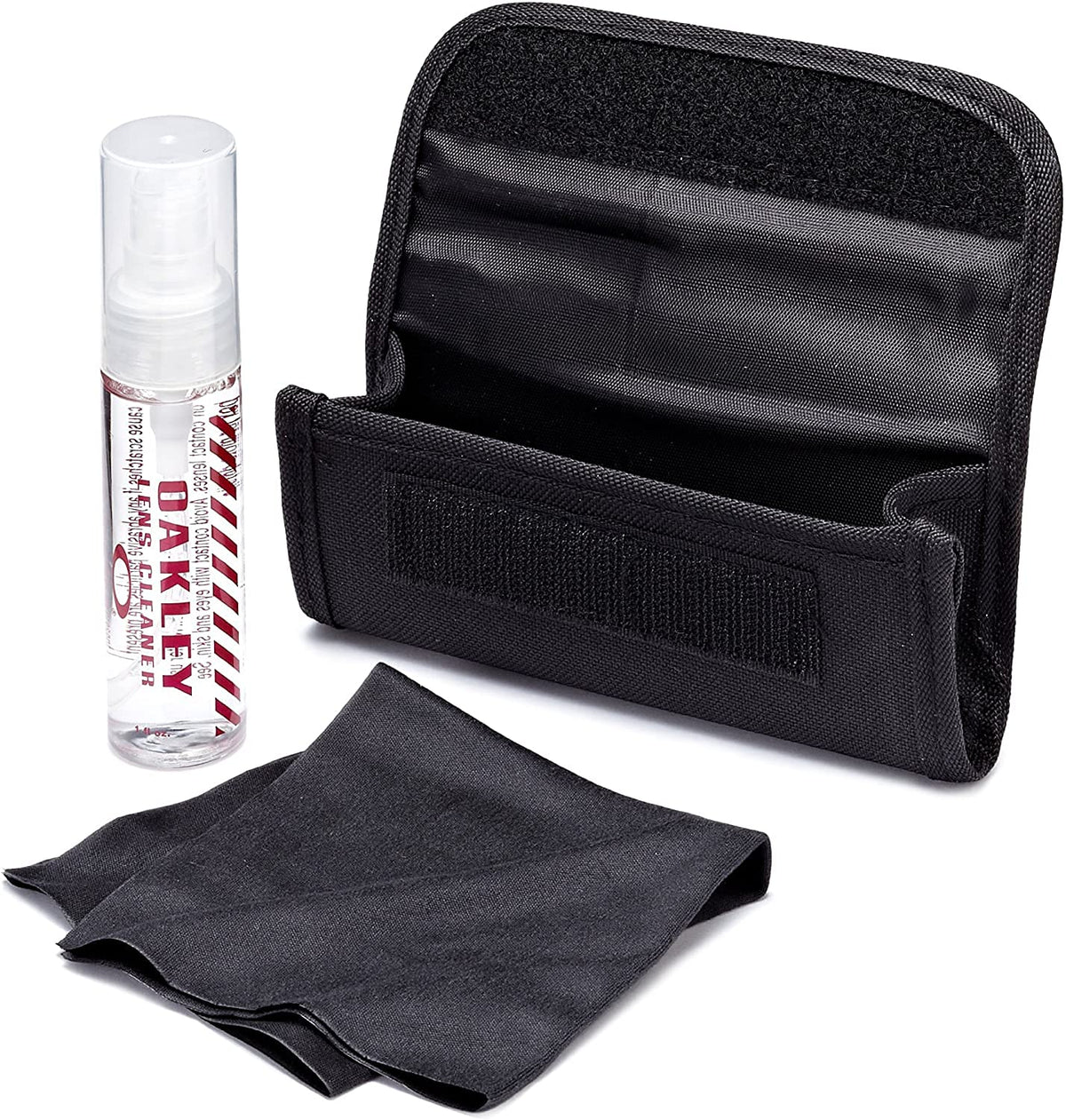 Oakley Lens Cleaning Kit components: pump atomizer, streak-free cloth, ballistic storage case
