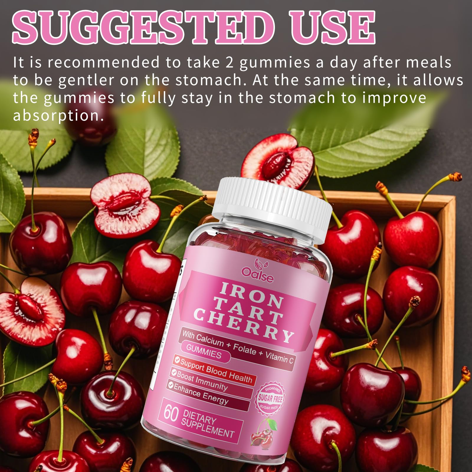 Vegan, sugar-free, gluten-free status icons for OALSE gummies