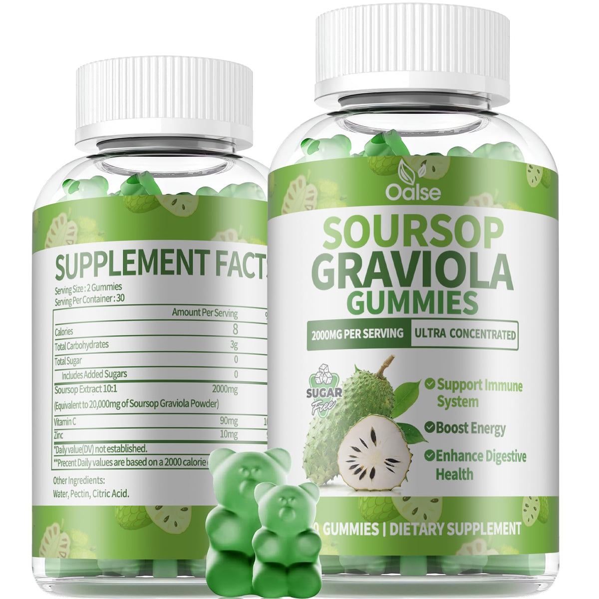 Bottle of OALSE Soursop Graviola Gummies on a white background
