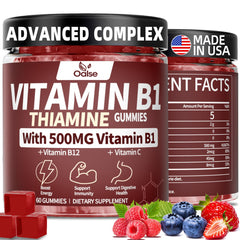 Bottle of OALSE Thiamine B1 Gummies 500g with mixed berries flavor, vegan and sugar-free