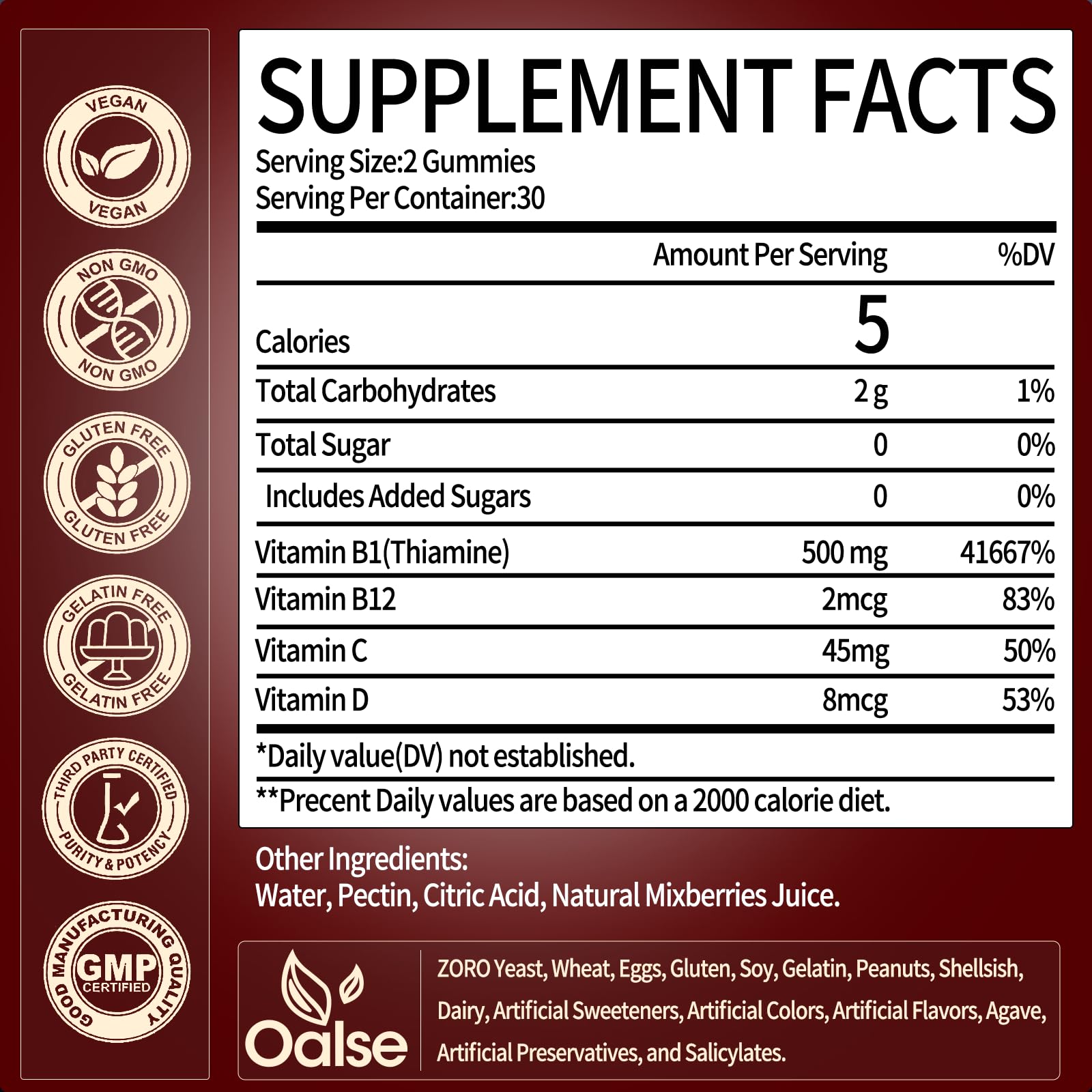 Nutrition label for OALSE Thiamine B1 Gummies