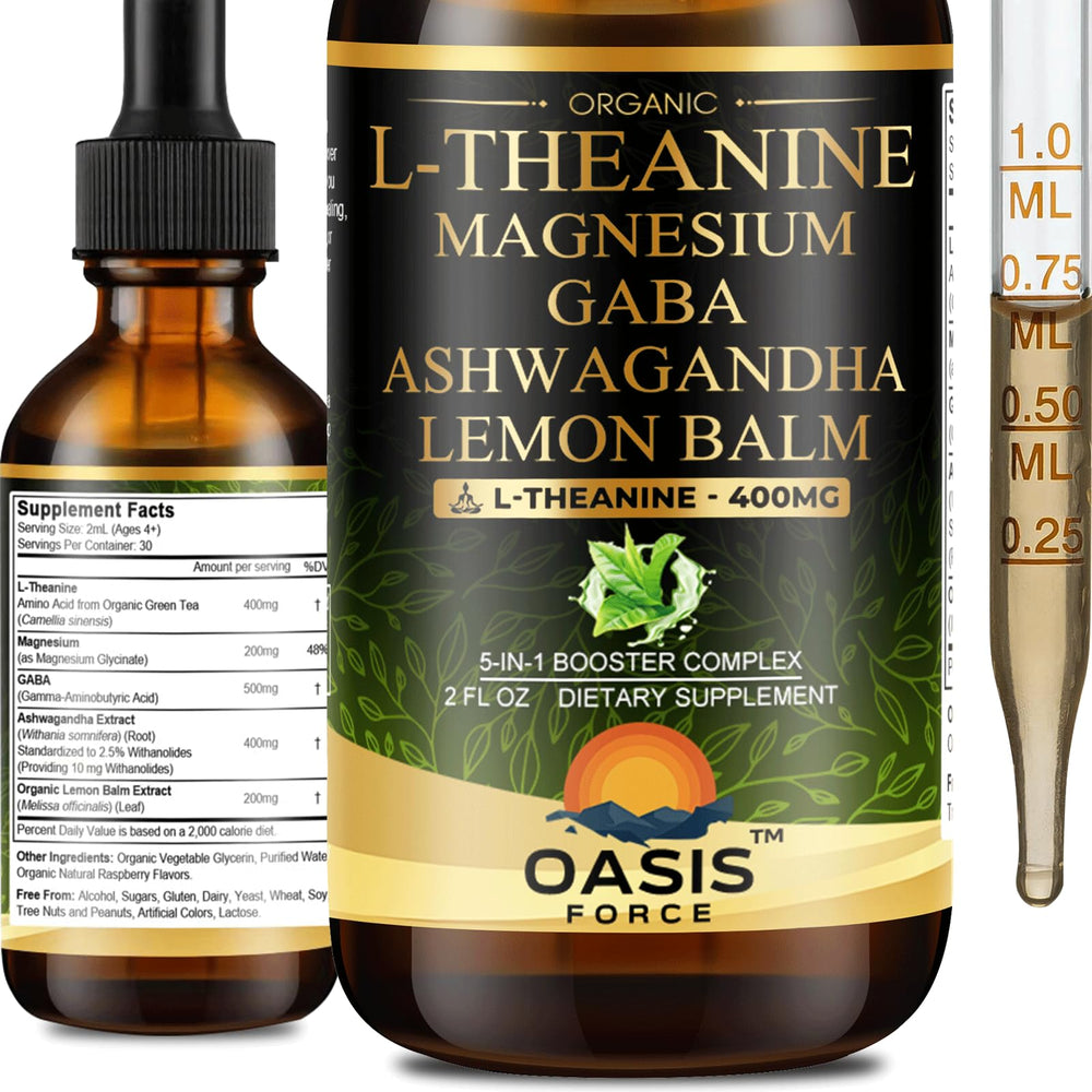 Front-facing bottle of Oasis Force L Theanine 400mg Liquid Drops (2 oz) – vegan, alcohol-free