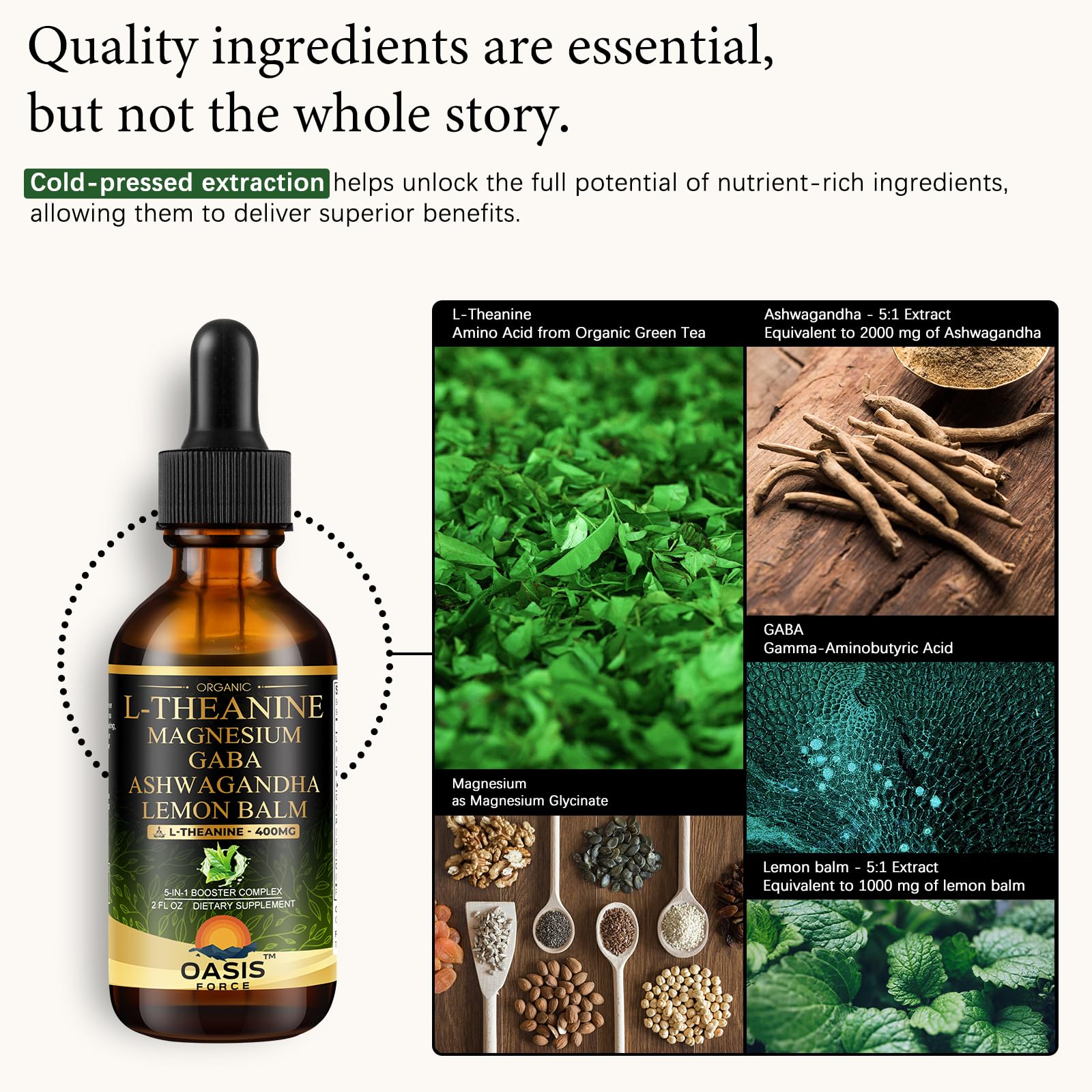 Close-up of the bottle label showing L-Theanine 400 mg per serving with GABA and magnesium glycinate