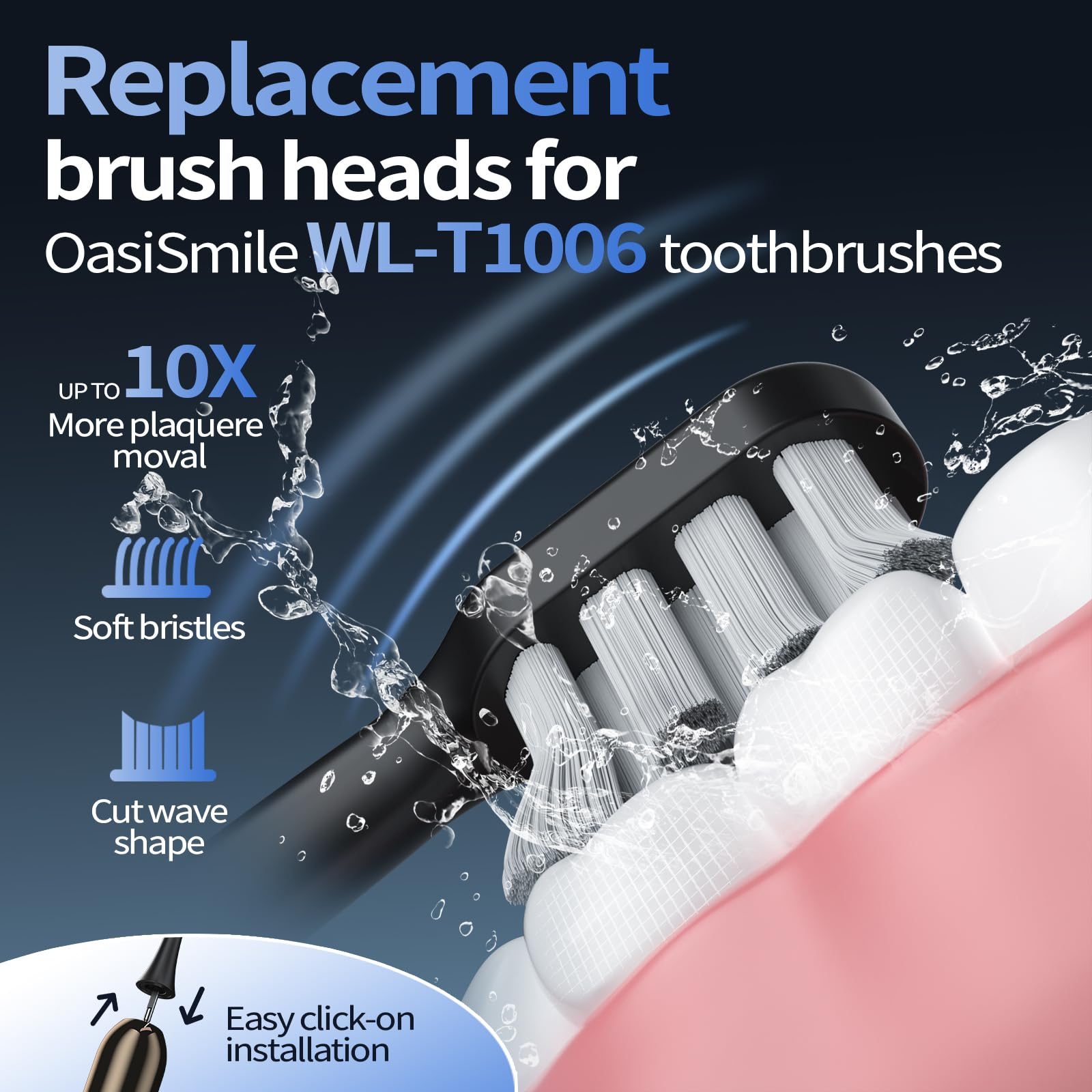 Close-up of replacement brush heads compatible with OasiSmile WL-T1006, black